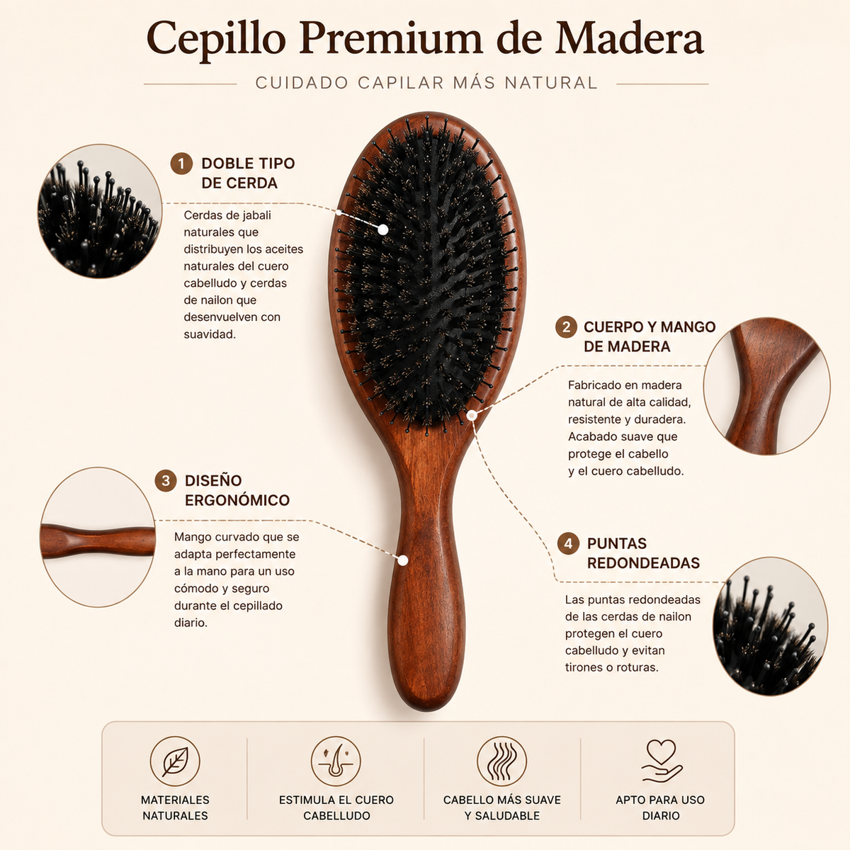 Kit VILUNEA — Cepillo de Jabalí y Peine de Madera